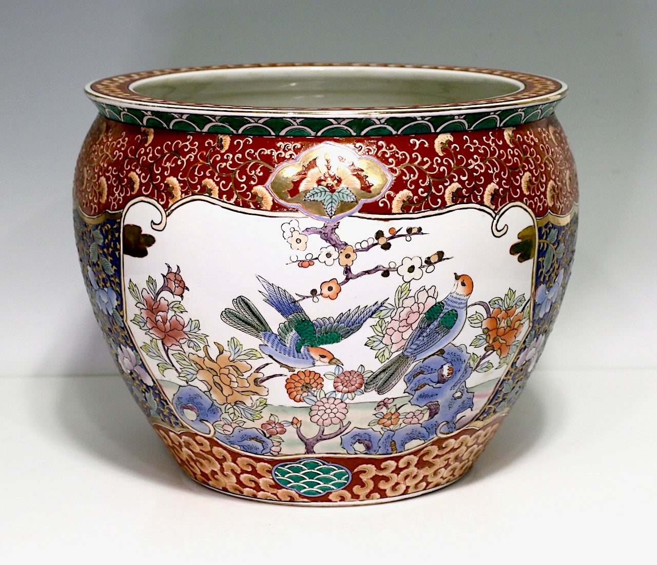 Large Chinese Export White Porcelain "Fish Bowl" Planter With Prunus, Birds and Flowers