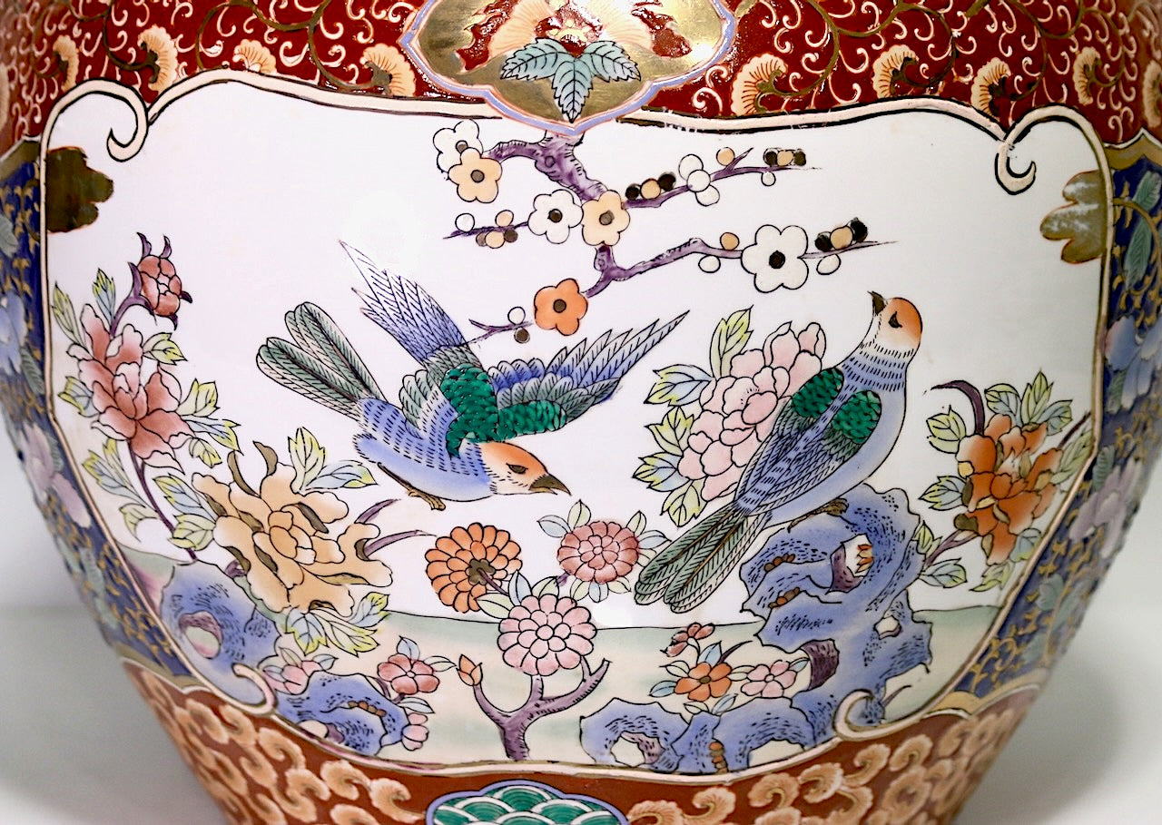 Large Chinese Export White Porcelain "Fish Bowl" Planter With Prunus, Birds and Flowers