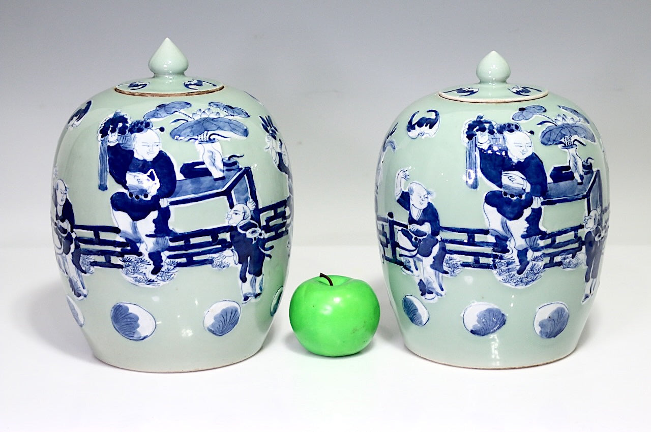 Antique Chinese Blue & White Ginger Jars Over Celadon Glaze, a Pair Late 19th Century