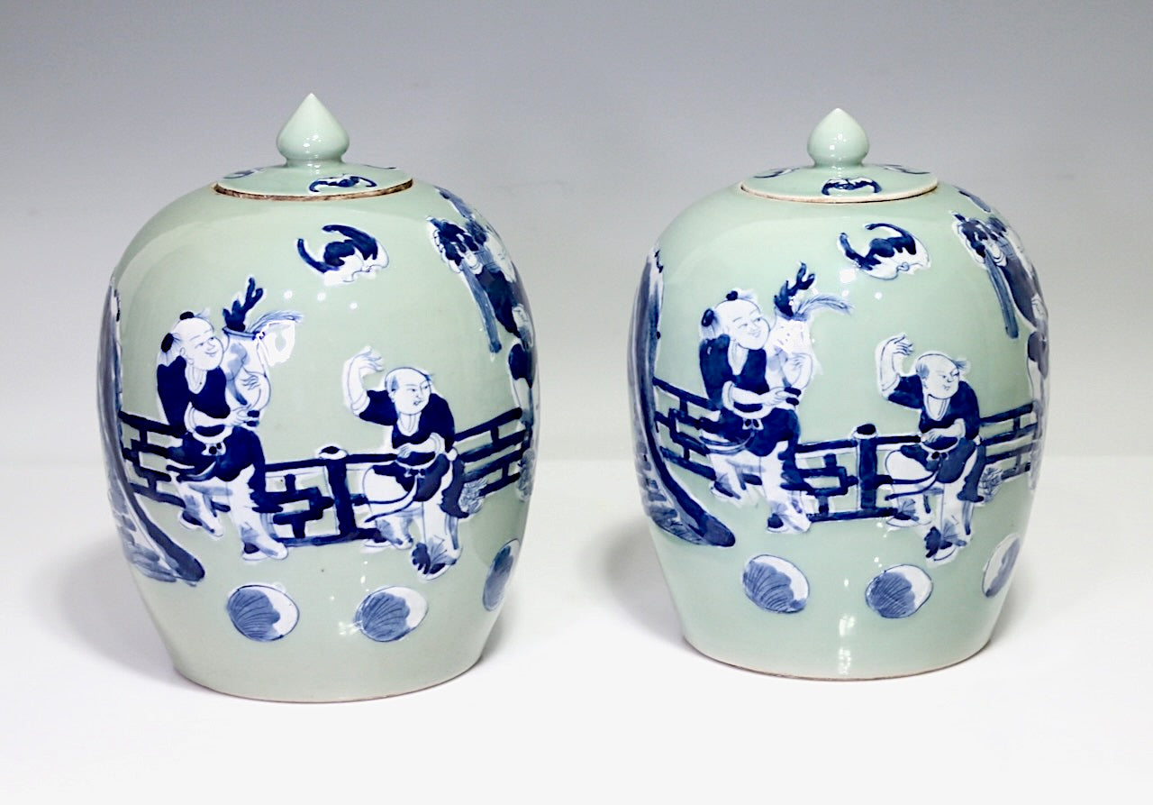 Antique Chinese Blue & White Ginger Jars Over Celadon Glaze, a Pair Late 19th Century