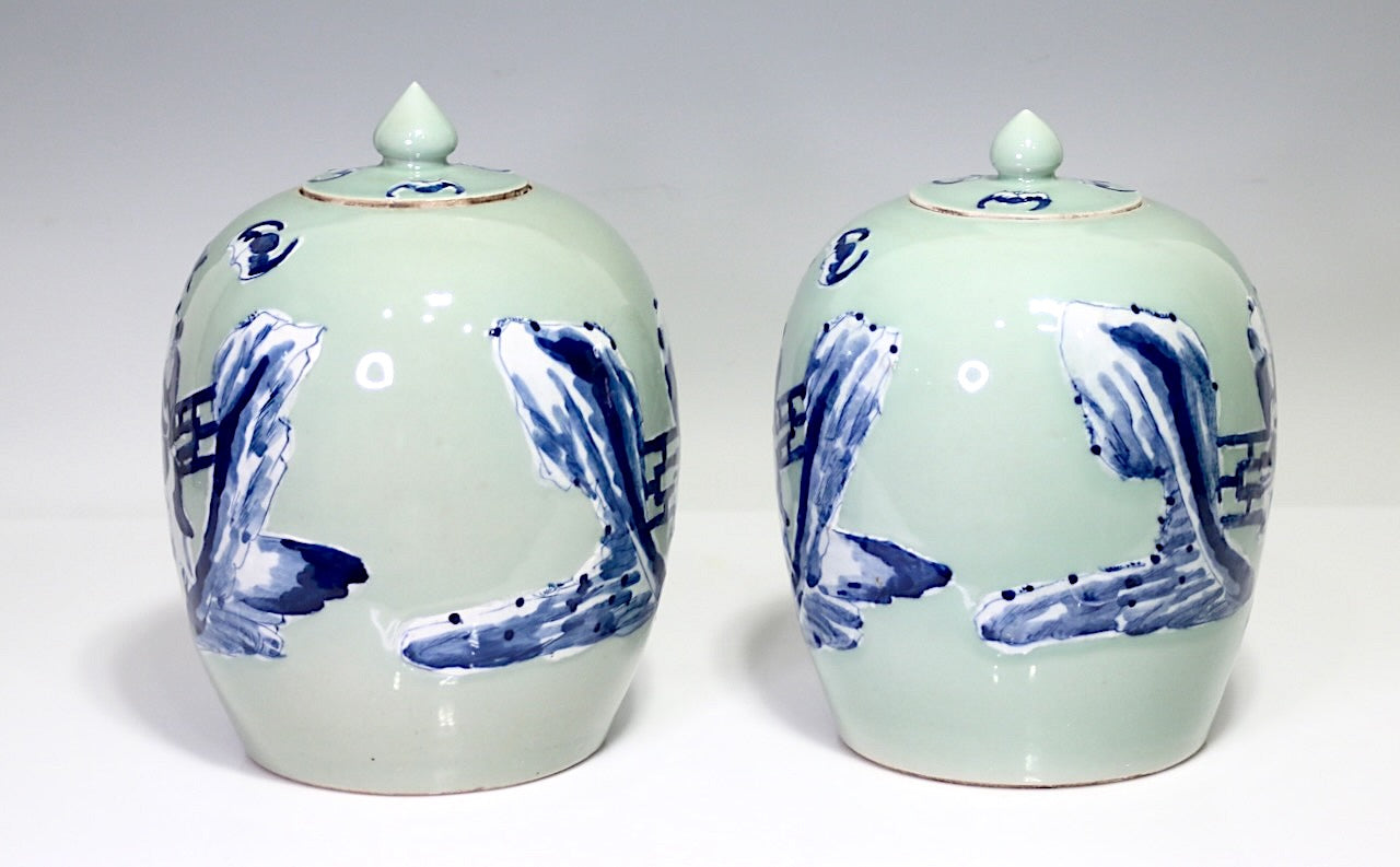 Antique Chinese Blue & White Ginger Jars Over Celadon Glaze, a Pair Late 19th Century