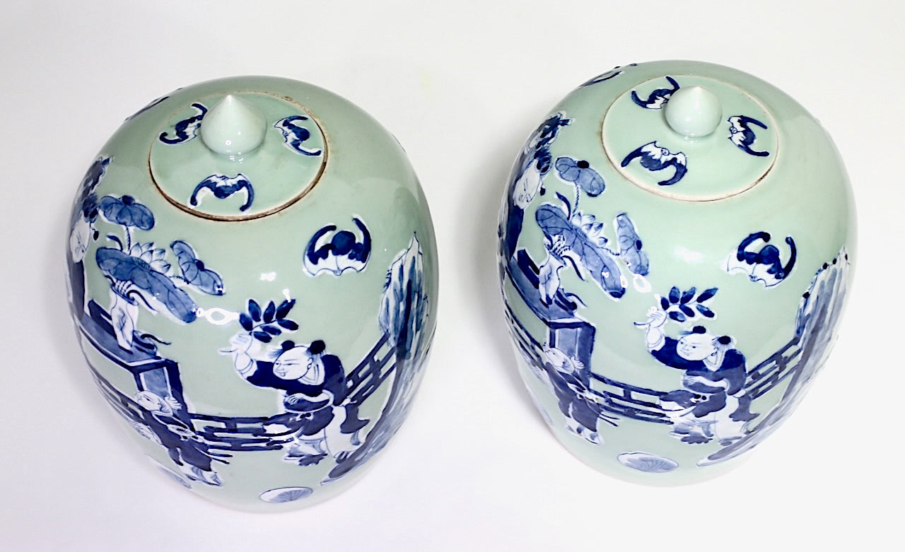 Antique Chinese Blue & White Ginger Jars Over Celadon Glaze, a Pair Late 19th Century