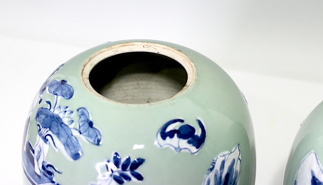 Antique Chinese Blue & White Ginger Jars Over Celadon Glaze, a Pair Late 19th Century