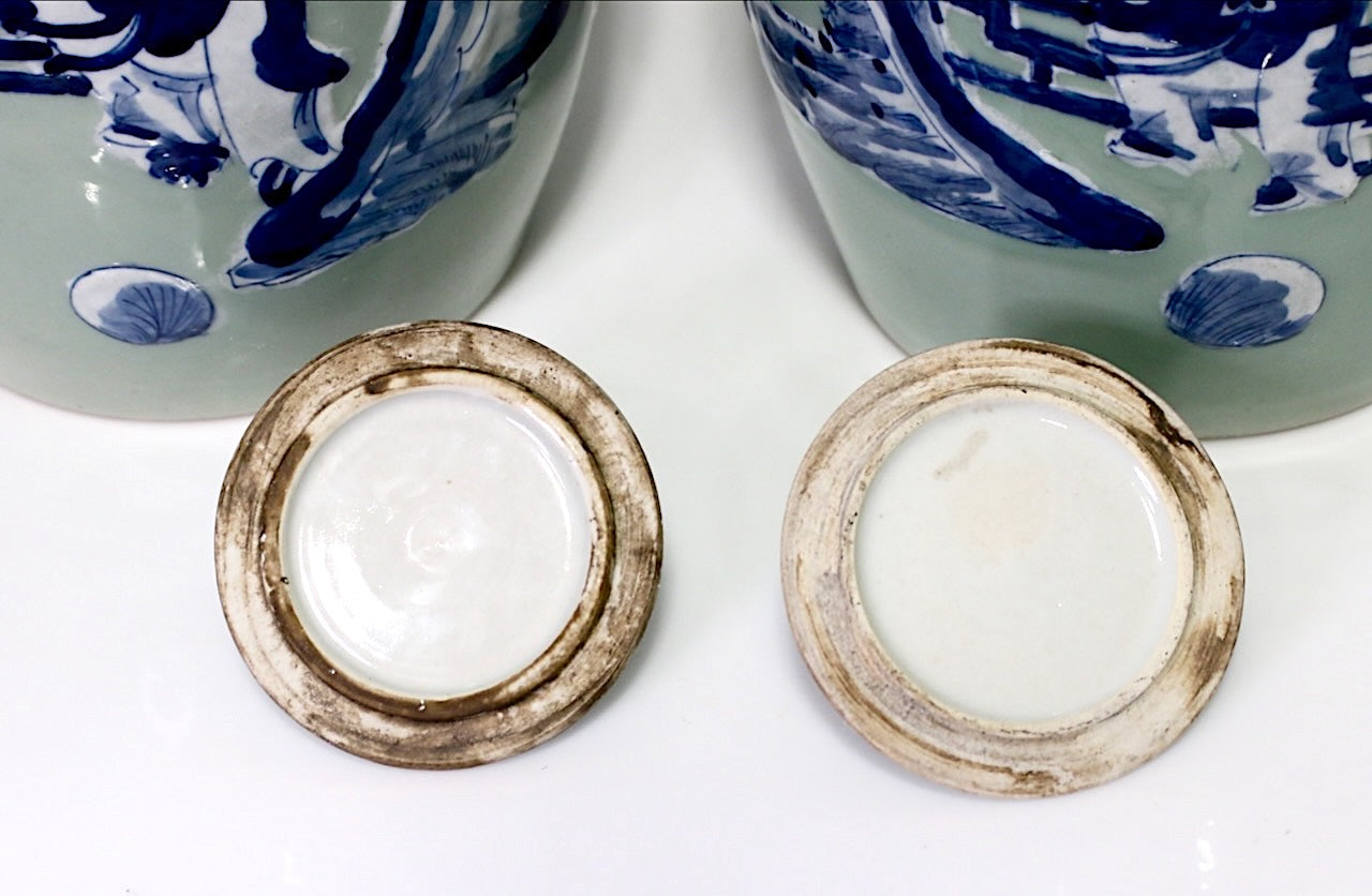 Antique Chinese Blue & White Ginger Jars Over Celadon Glaze, a Pair Late 19th Century