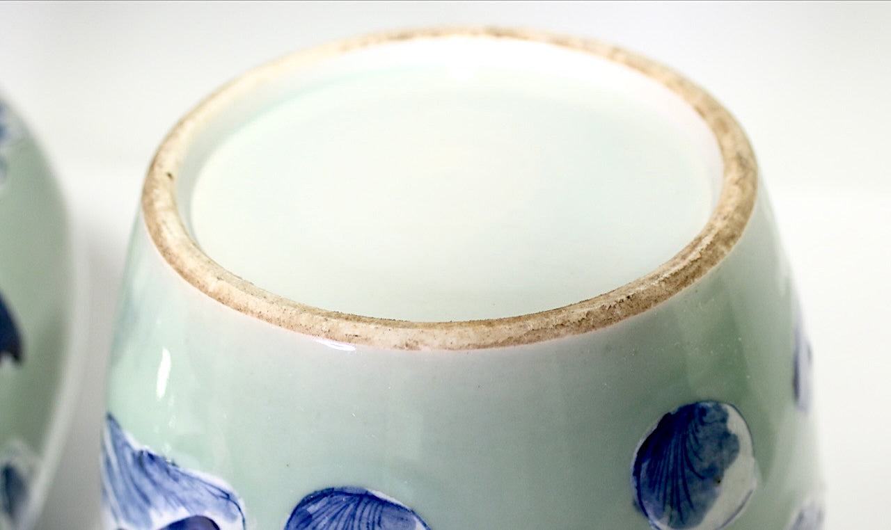 Antique Chinese Blue & White Ginger Jars Over Celadon Glaze, a Pair Late 19th Century