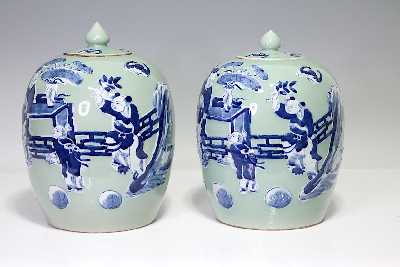 Antique Chinese Blue & White Ginger Jars Over Celadon Glaze, a Pair Late 19th Century