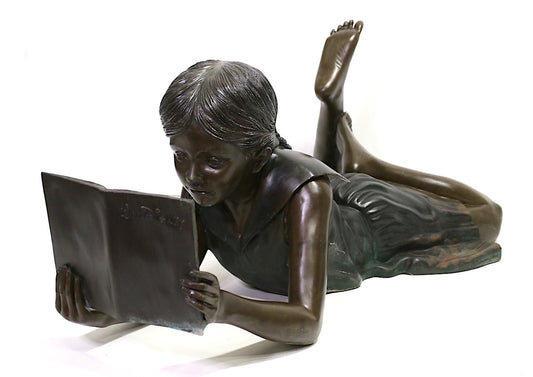 Italian Life Size Bronze Garden Statue, the Girl Reading a Story Book, Signed Leonardo Rossi, Italy