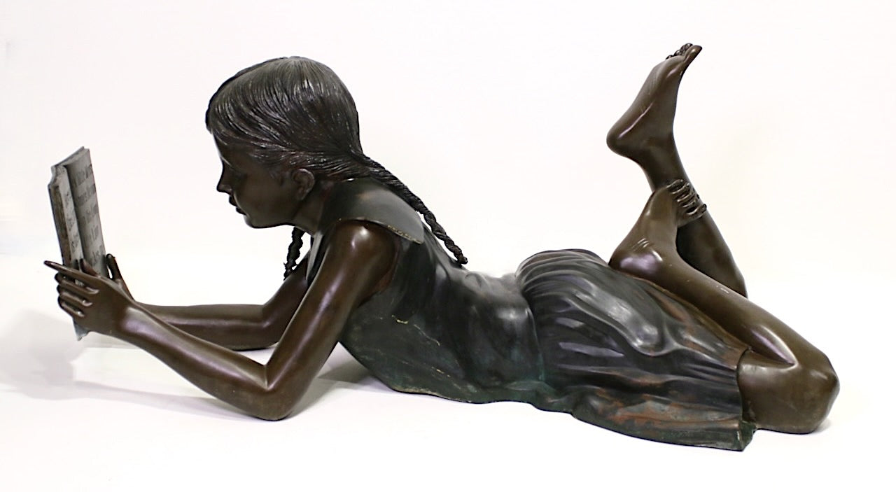 Italian Life Size Bronze Garden Statue, the Girl Reading a Story Book, Signed Leonardo Rossi, Italy