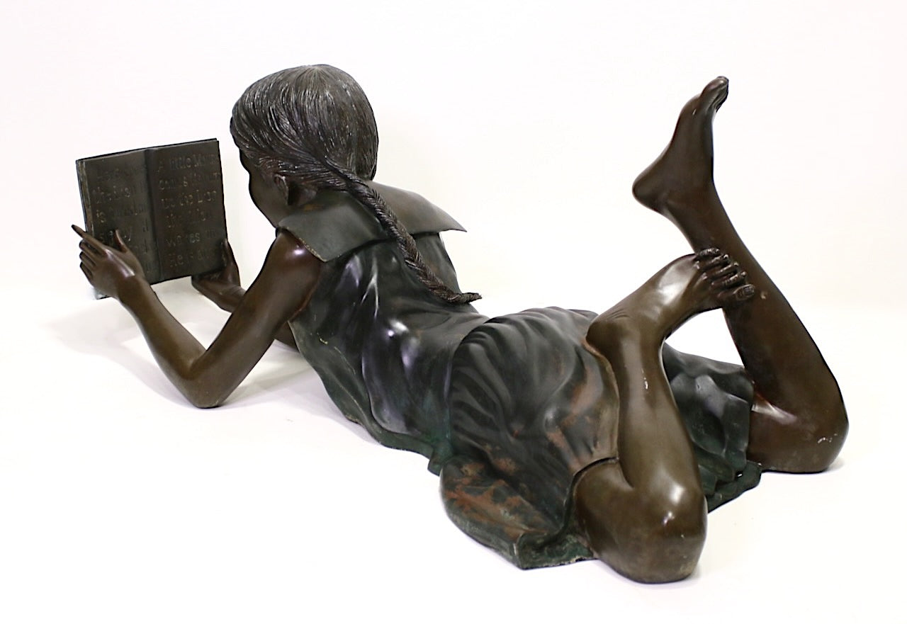 Italian Life Size Bronze Garden Statue, the Girl Reading a Story Book, Signed Leonardo Rossi, Italy