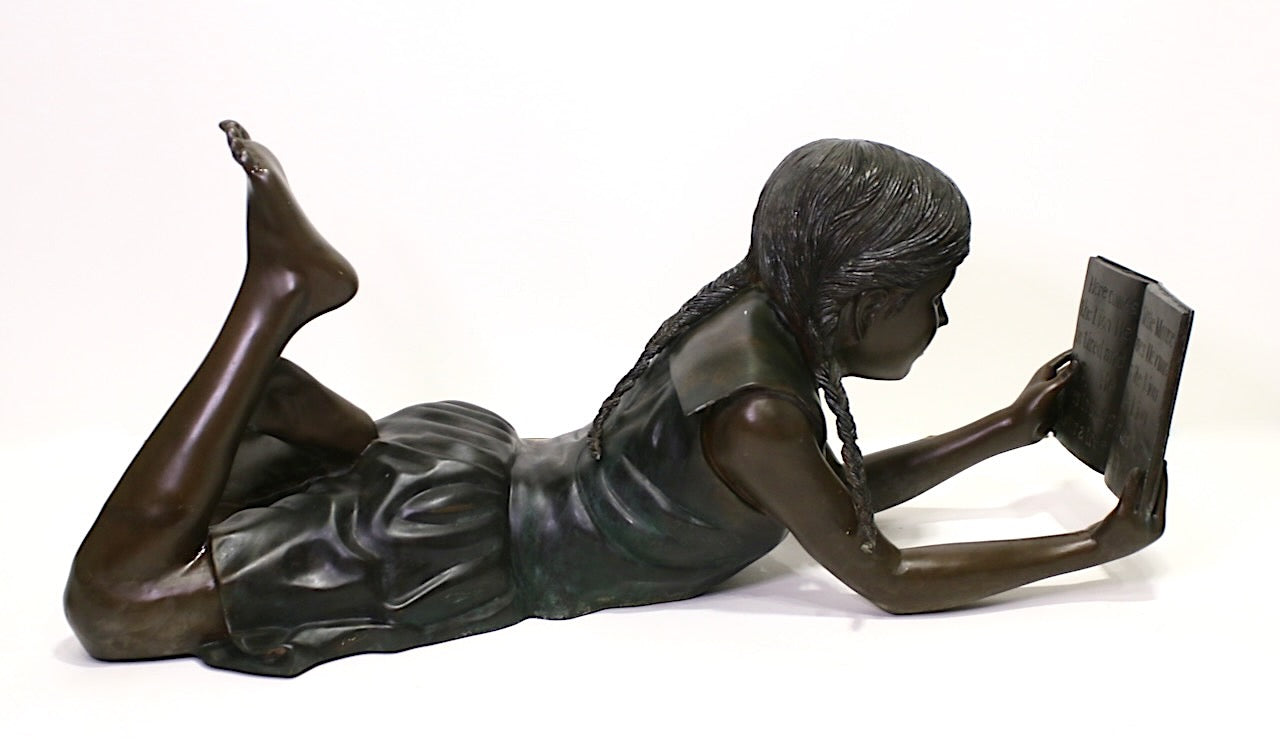 Italian Life Size Bronze Garden Statue, the Girl Reading a Story Book, Signed Leonardo Rossi, Italy