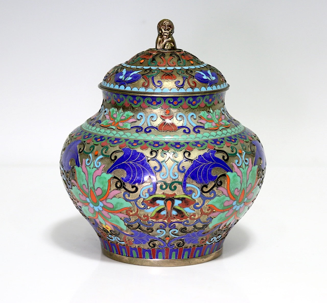 Antique Chinese Champleve Blue, Pink and Green Enamel Covered Urn With Foo Lion Finial