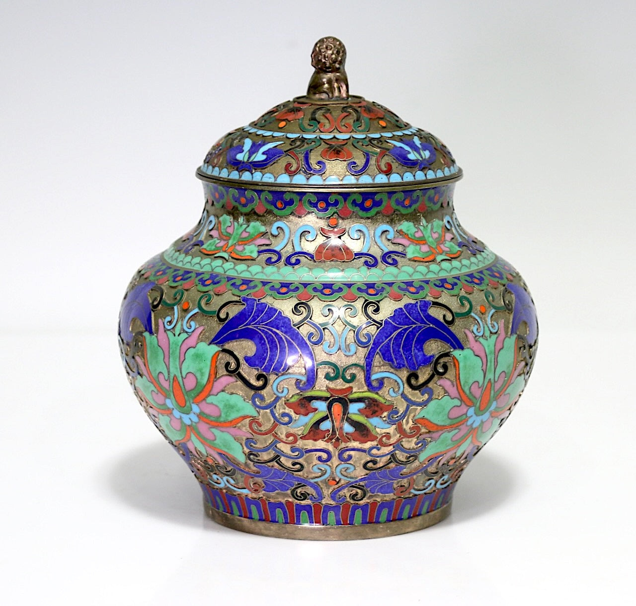 Antique Chinese Champleve Blue, Pink and Green Enamel Covered Urn With Foo Lion Finial