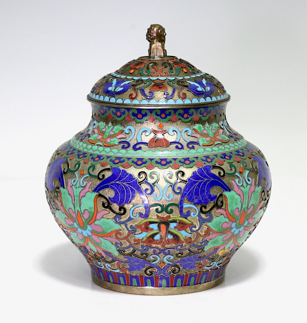 Antique Chinese Champleve Blue, Pink and Green Enamel Covered Urn With Foo Lion Finial