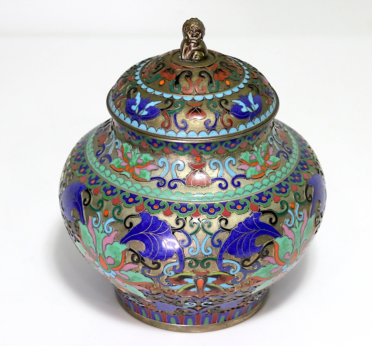 Antique Chinese Champleve Blue, Pink and Green Enamel Covered Urn With Foo Lion Finial