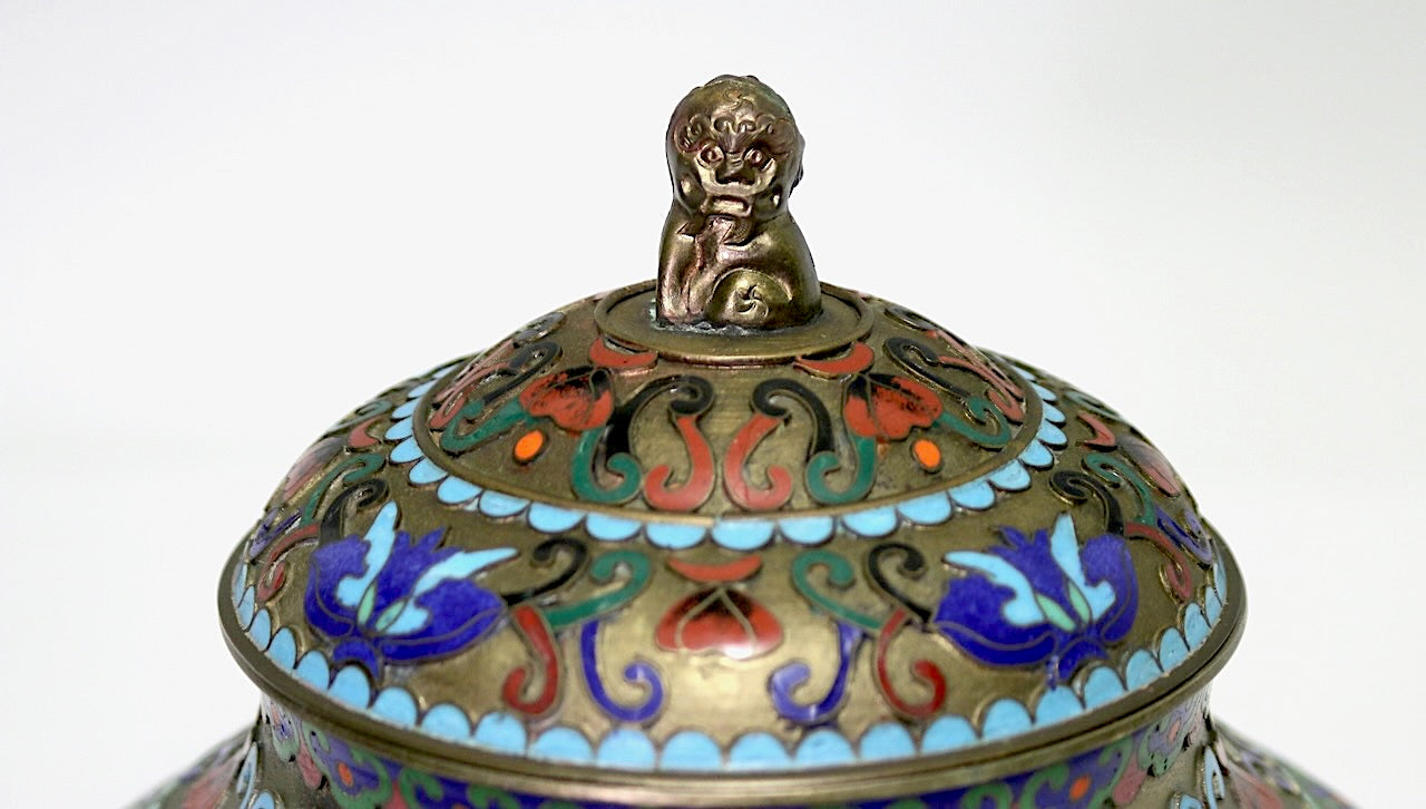 Antique Chinese Champleve Blue, Pink and Green Enamel Covered Urn With Foo Lion Finial