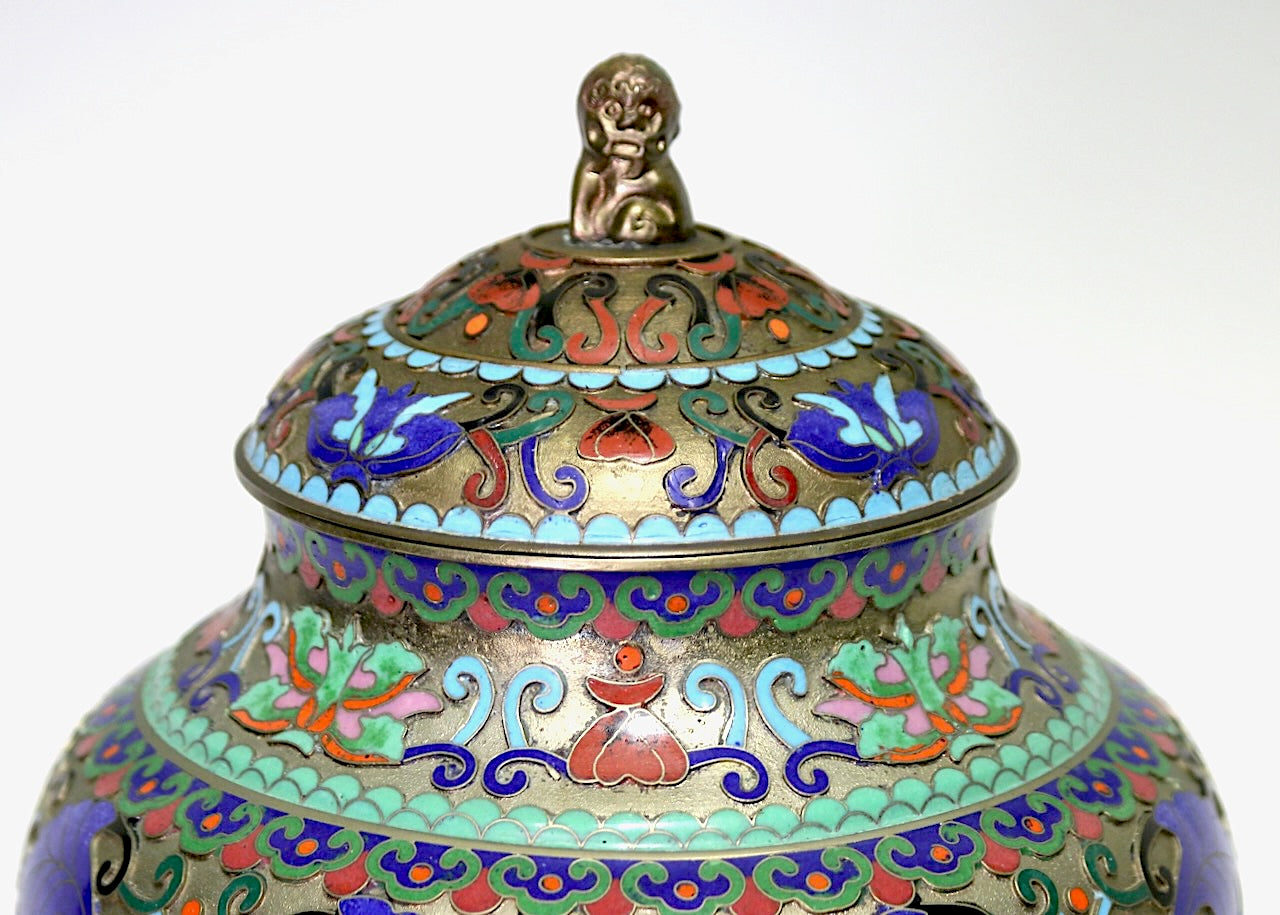 Antique Chinese Champleve Blue, Pink and Green Enamel Covered Urn With Foo Lion Finial