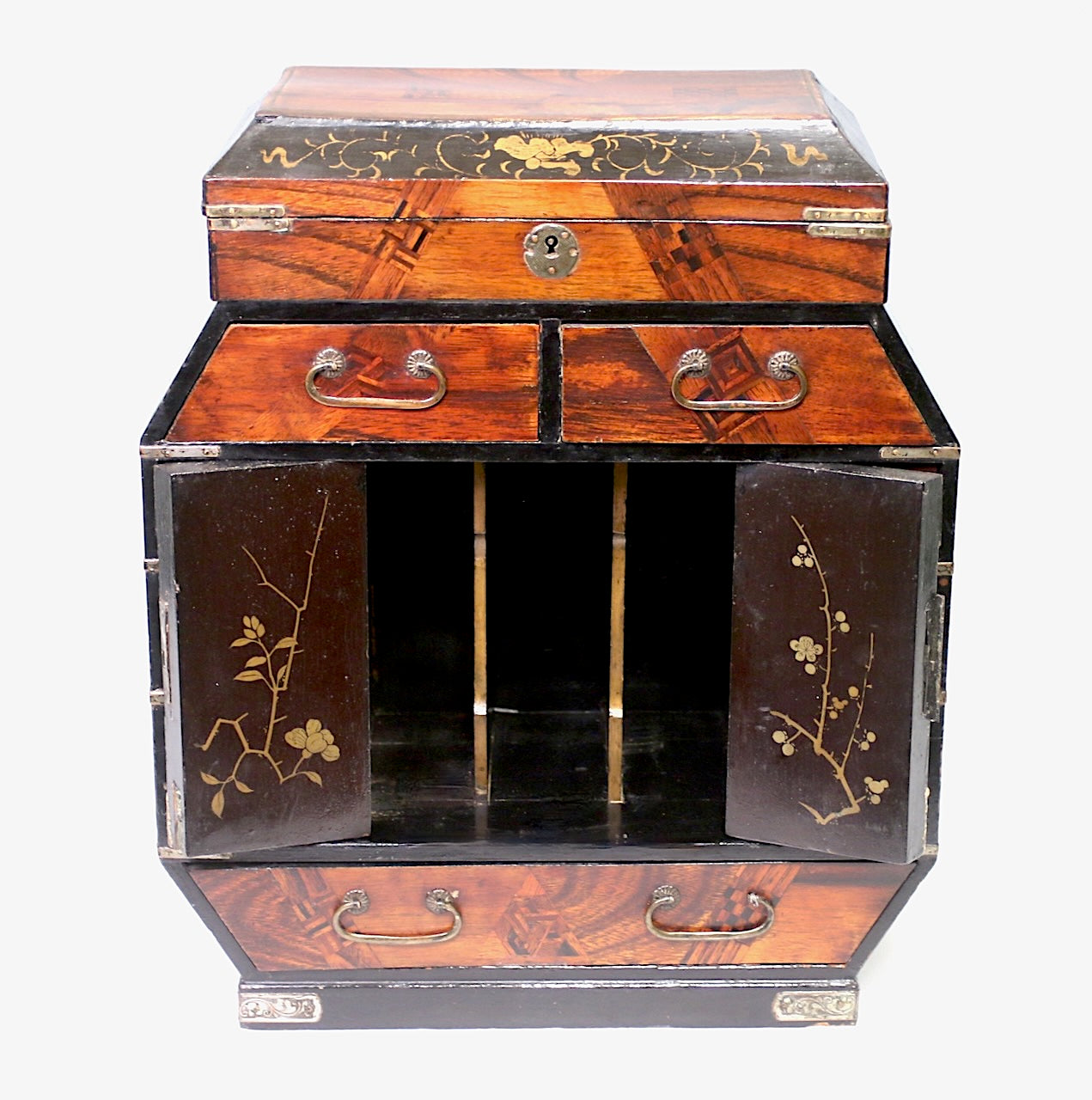 Antique Chinese Qing Dynasty Inlaid Jewelry Box / Desk Organiser with Mother of Pearl