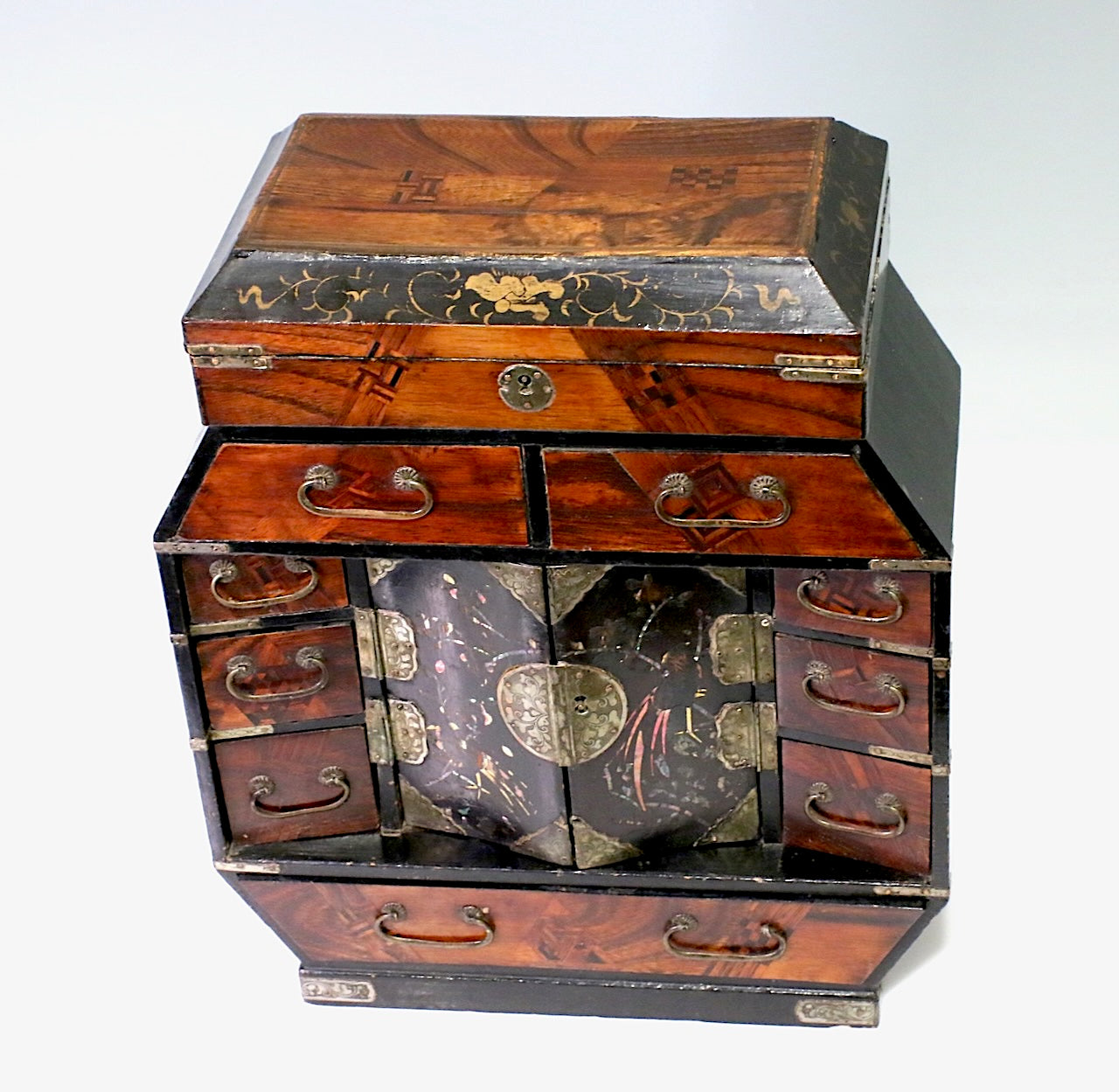 Antique Chinese Qing Dynasty Inlaid Jewelry Box / Desk Organiser with Mother of Pearl