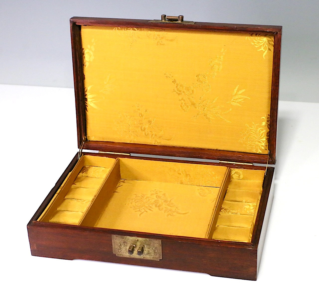 Vintage Hong Kong Chinese Rosewood Jewelry Box With Fine Yellow Silk Interior