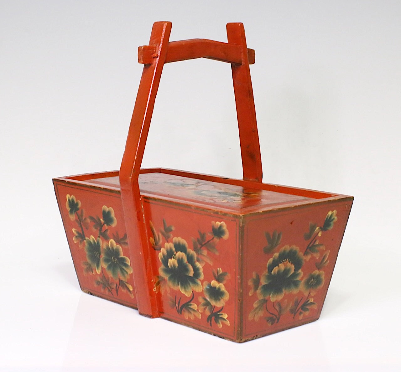 Antique Qing Dynasty Red Lacquer Hand Painted Floral Handled Storage Box / Basket with Sliding Lid