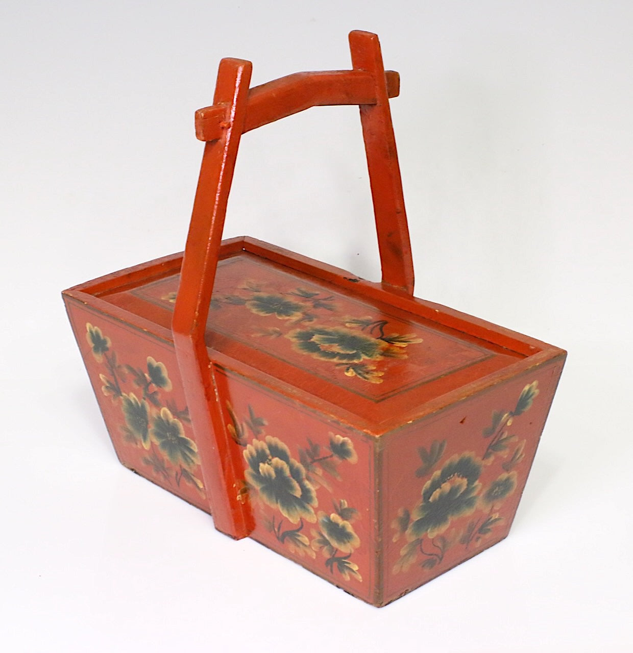 Antique Qing Dynasty Red Lacquer Hand Painted Floral Handled Storage Box / Basket with Sliding Lid