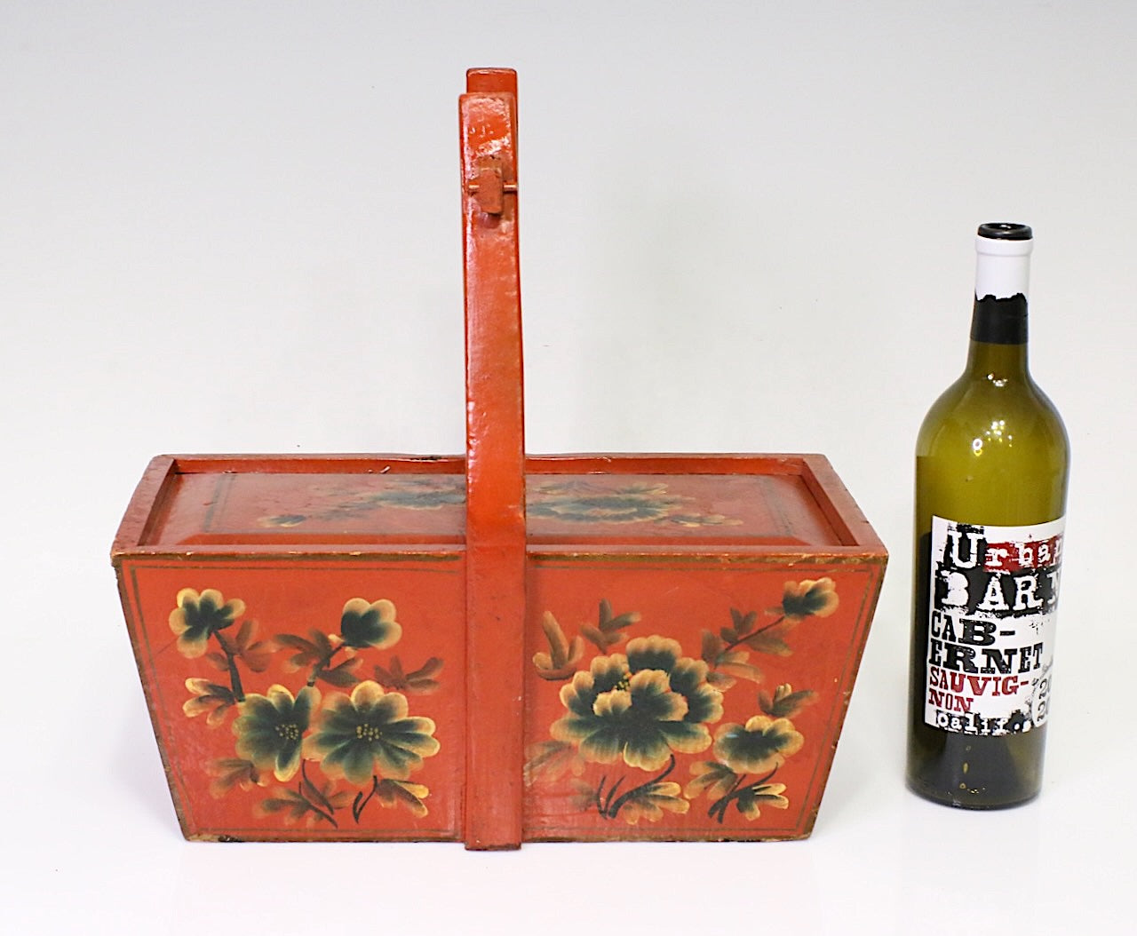 Antique Qing Dynasty Red Lacquer Hand Painted Floral Handled Storage Box / Basket with Sliding Lid