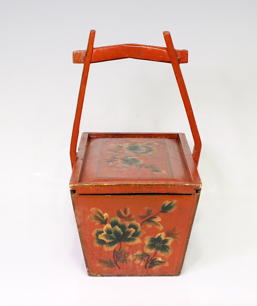 Antique Qing Dynasty Red Lacquer Hand Painted Floral Handled Storage Box / Basket with Sliding Lid