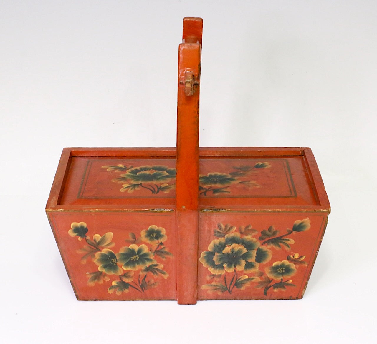 Antique Qing Dynasty Red Lacquer Hand Painted Floral Handled Storage Box / Basket with Sliding Lid