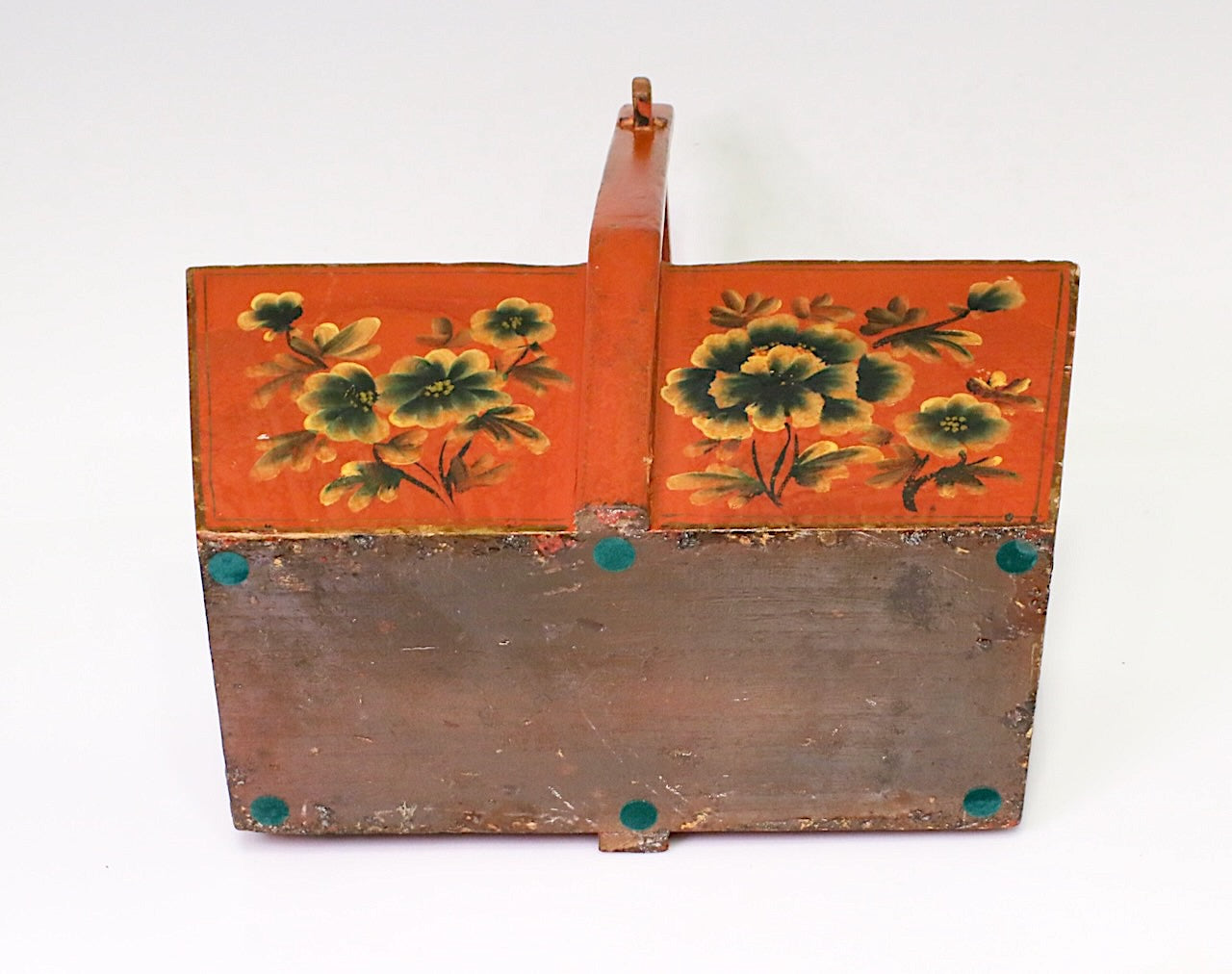 Antique Qing Dynasty Red Lacquer Hand Painted Floral Handled Storage Box / Basket with Sliding Lid