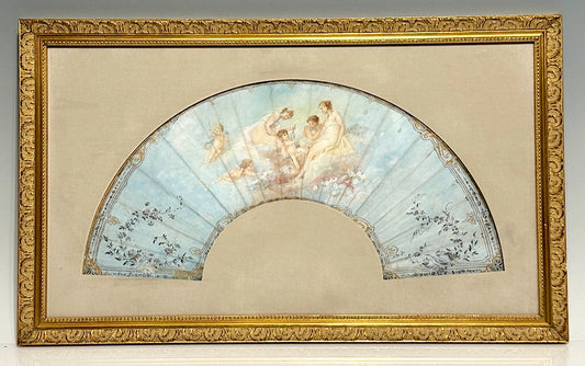 Antique French Louis XV Period Scenic Painted Fan in Gilt Frame with Angels and Cherubs, 18th. Century