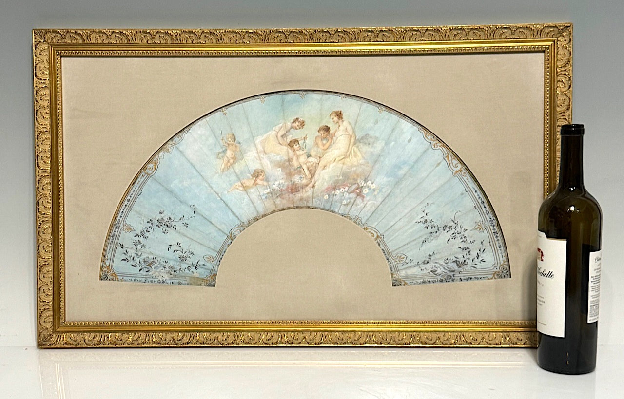 Antique French Louis XV Period Scenic Painted Fan in Gilt Frame with Angels and Cherubs, 18th. Century