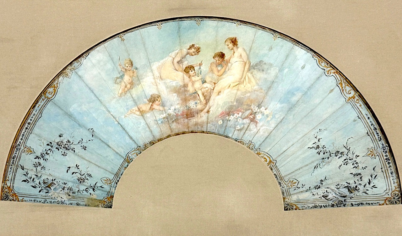 Antique French Louis XV Period Scenic Painted Fan in Gilt Frame with Angels and Cherubs, 18th. Century