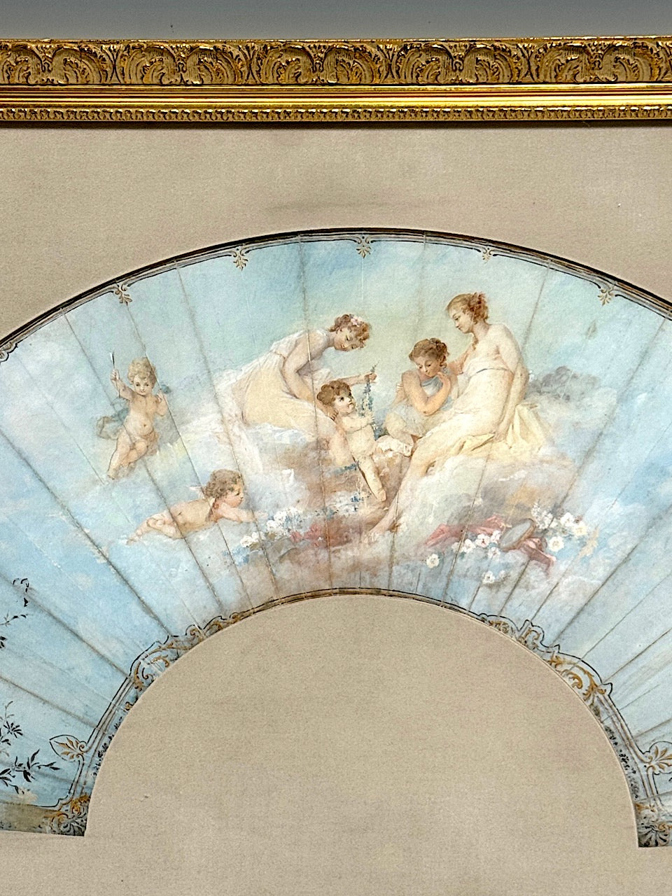 Antique French Louis XV Period Scenic Painted Fan in Gilt Frame with Angels and Cherubs, 18th. Century