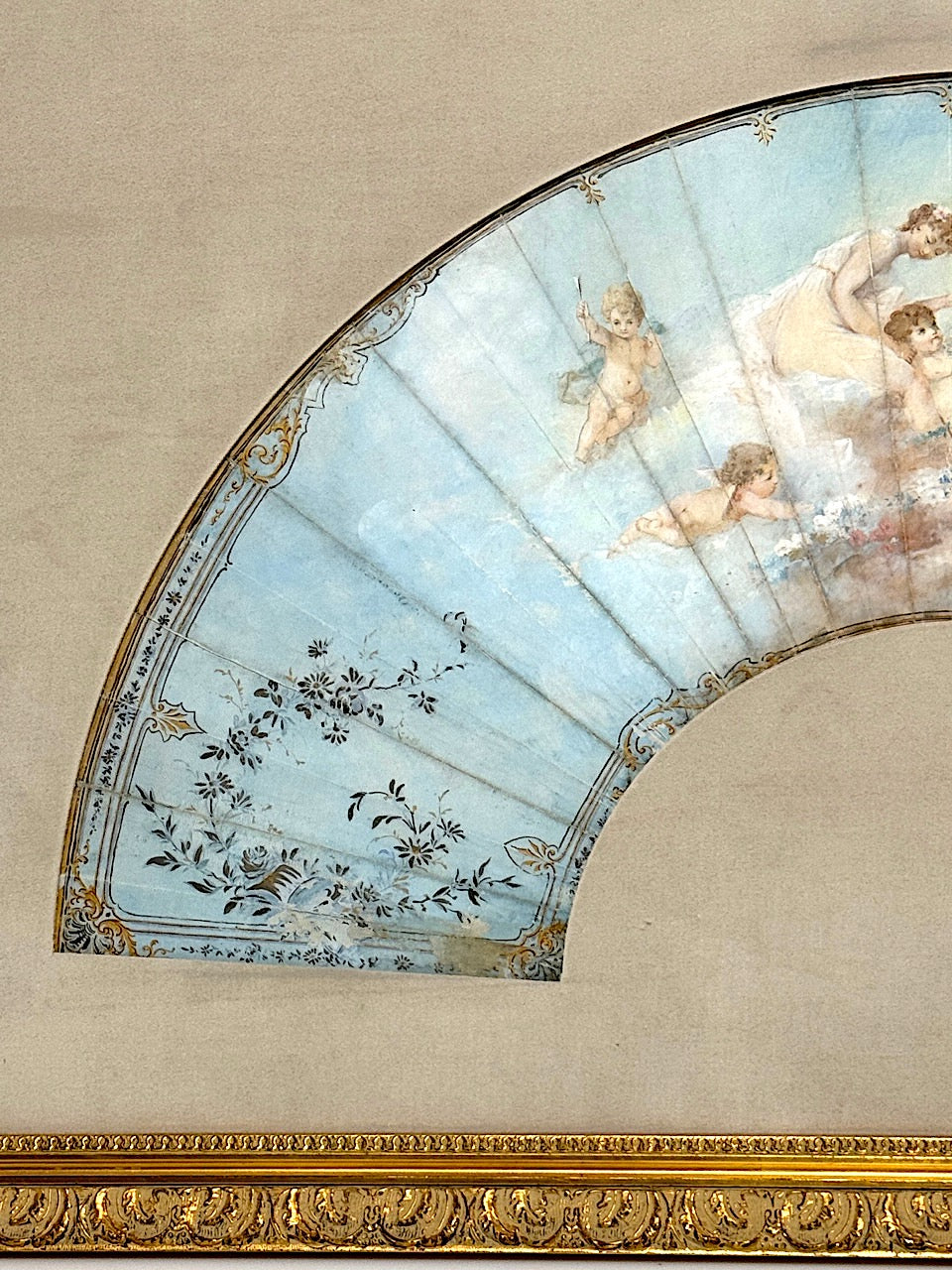 Antique French Louis XV Period Scenic Painted Fan in Gilt Frame with Angels and Cherubs, 18th. Century