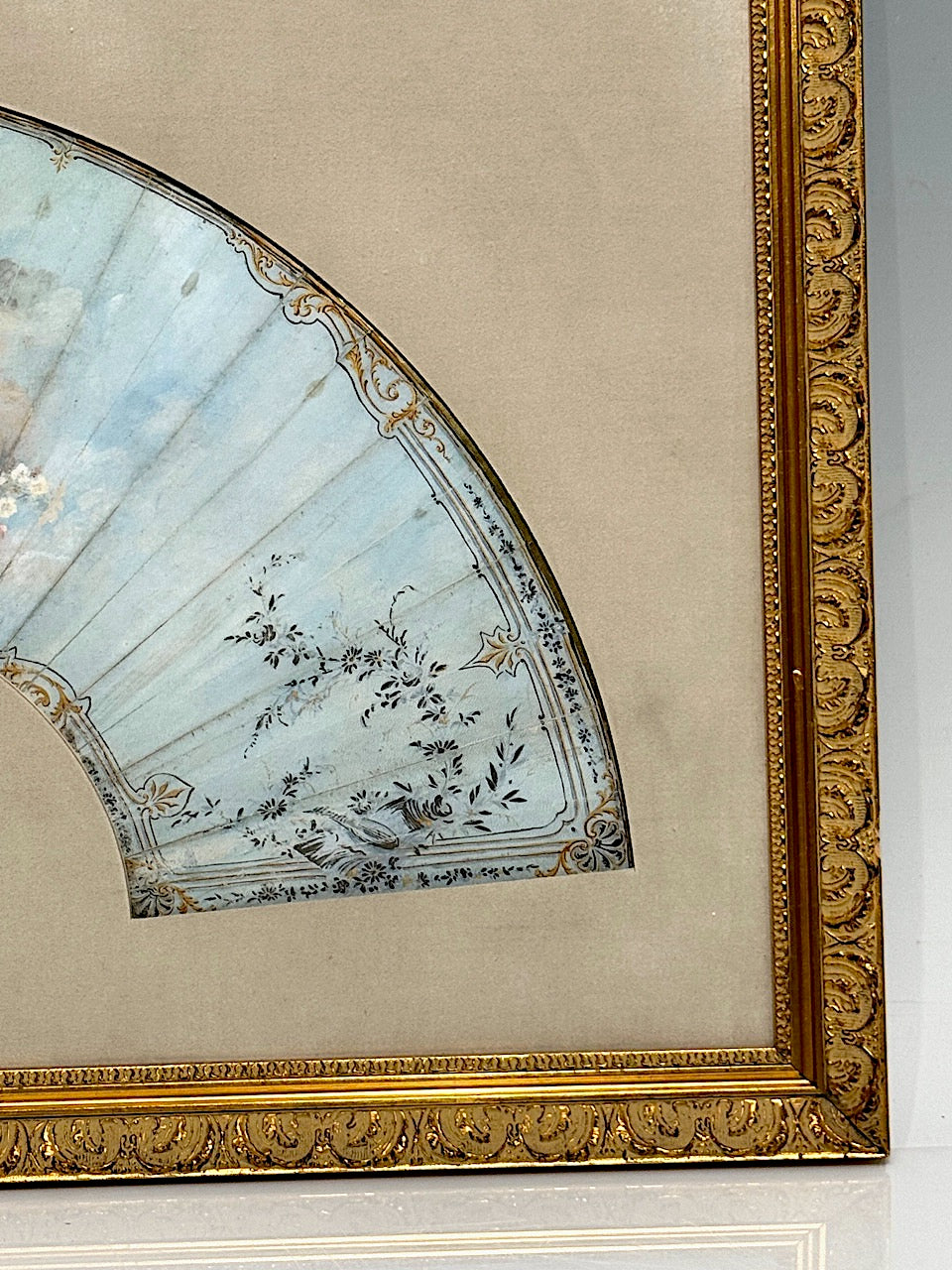 Antique French Louis XV Period Scenic Painted Fan in Gilt Frame with Angels and Cherubs, 18th. Century