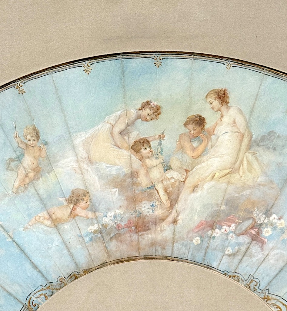 Antique French Louis XV Period Scenic Painted Fan in Gilt Frame with Angels and Cherubs, 18th. Century