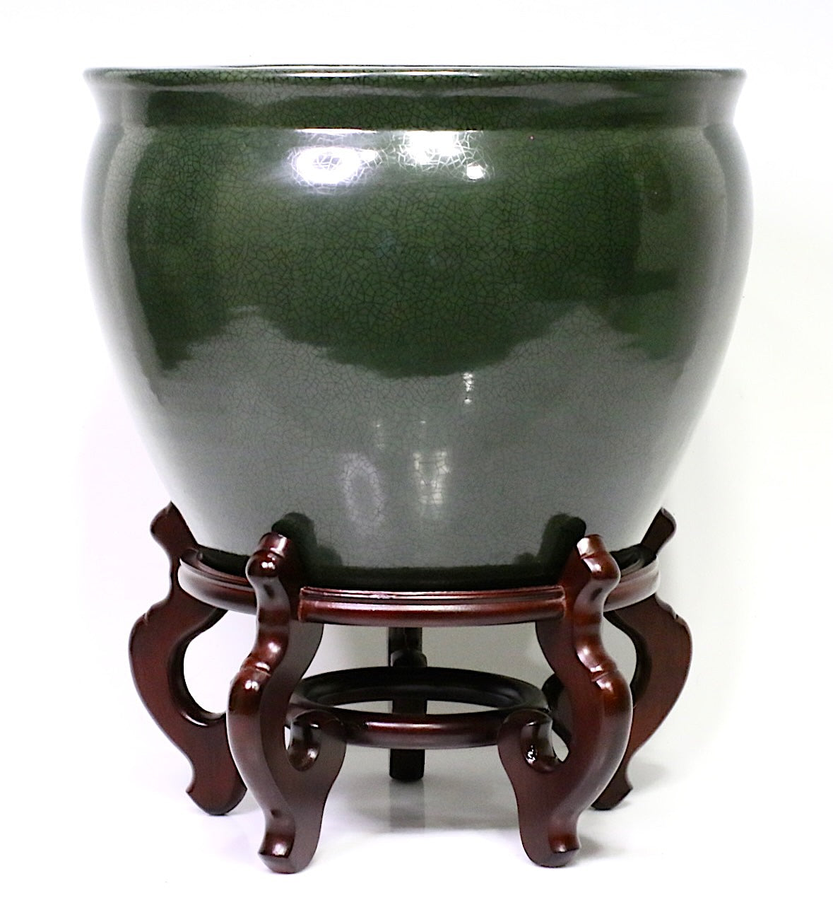 Large Chinese Moss Green Crackle Glaze Porcelain Planter or Jardiniere with Stand