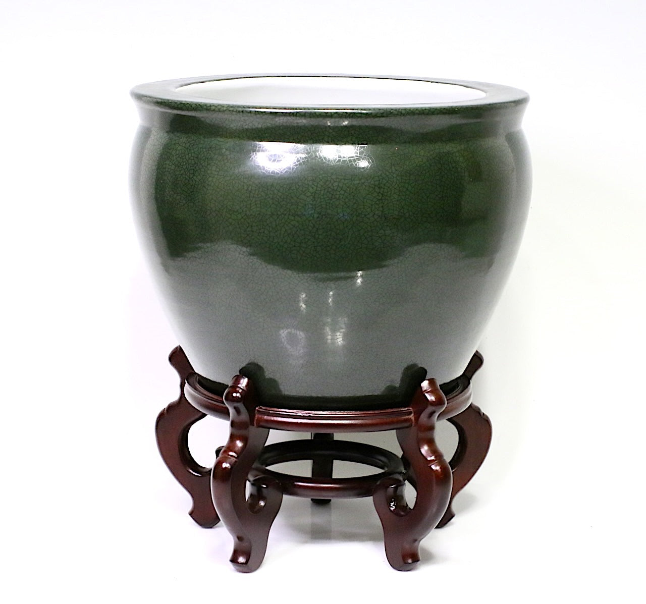 Large Chinese Moss Green Crackle Glaze Porcelain Planter or Jardiniere with Stand