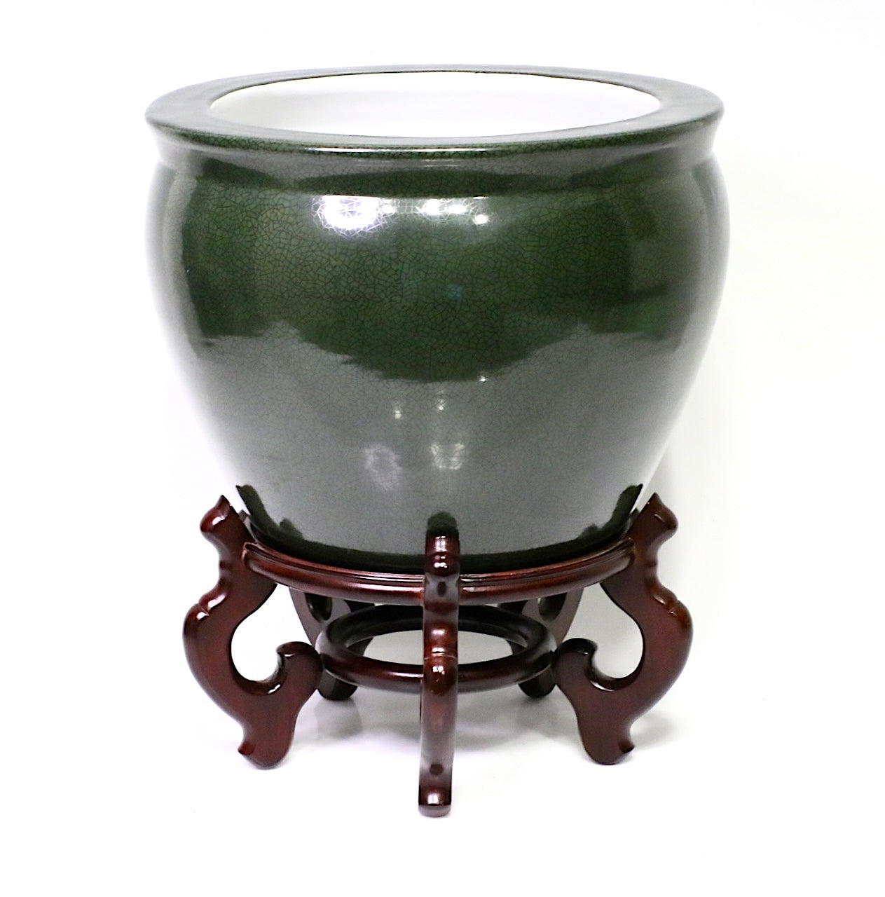 Large Chinese Moss Green Crackle Glaze Porcelain Planter or Jardiniere with Stand