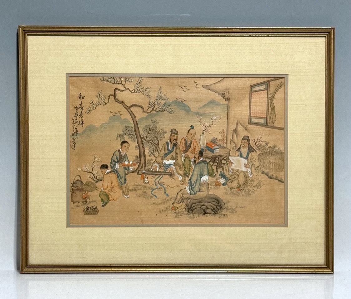 Antique Chinese Original Framed Painting on Silk Portraying a Group of Scholars Under the Cherry Blossom Trees