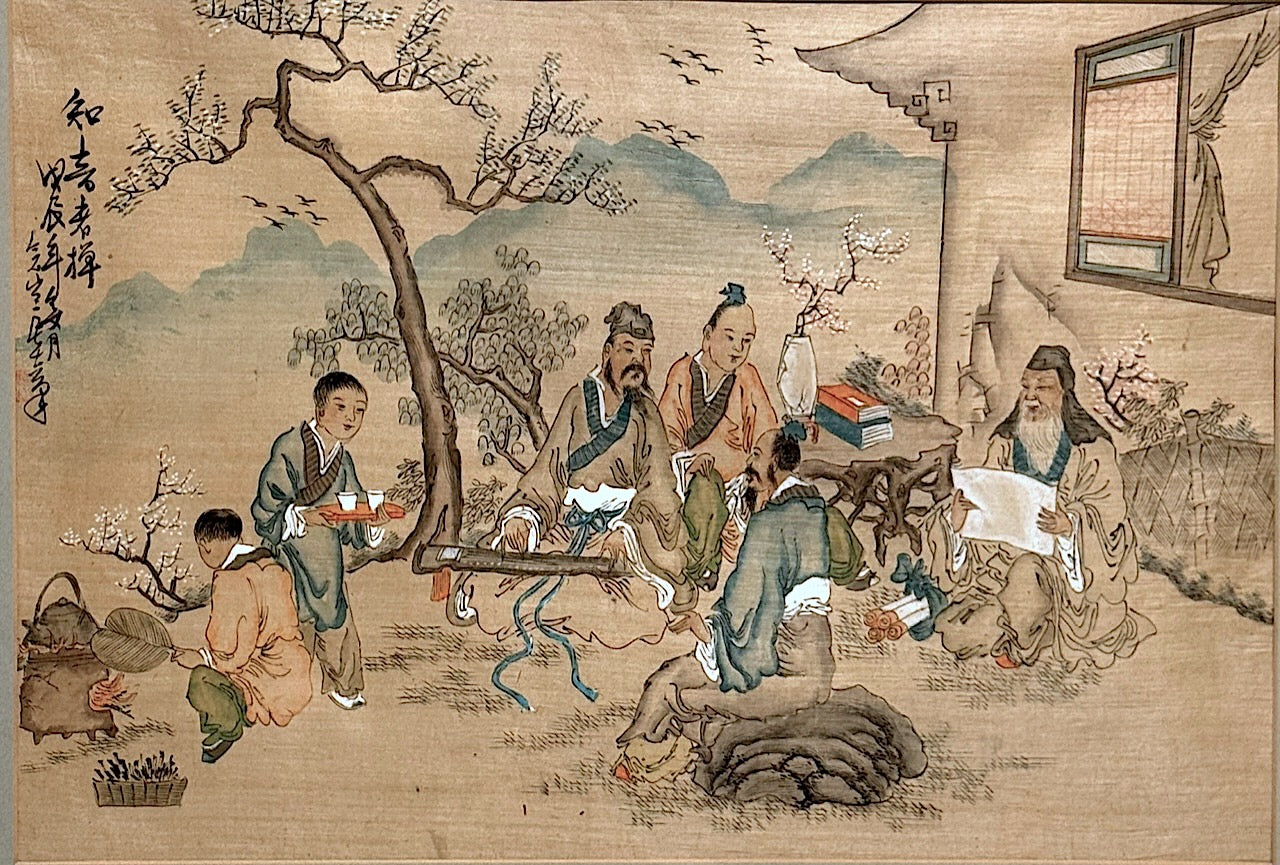 Antique Chinese Original Framed Painting on Silk Portraying a Group of Scholars Under the Cherry Blossom Trees