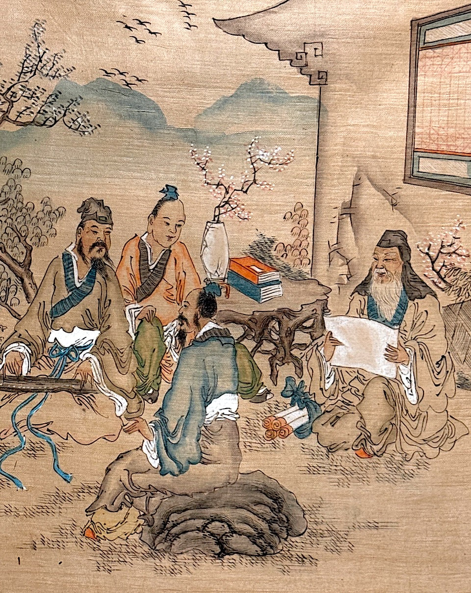 Antique Chinese Original Framed Painting on Silk Portraying a Group of Scholars Under the Cherry Blossom Trees