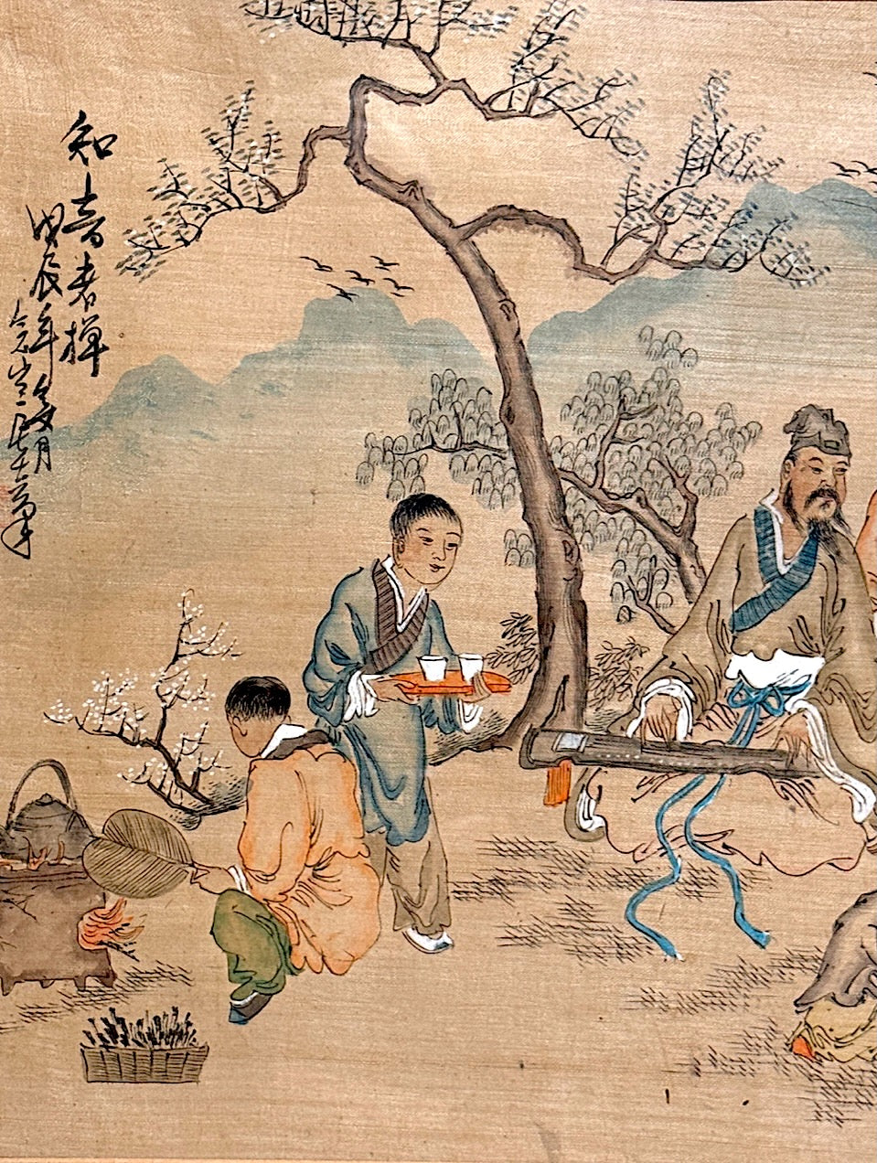 Antique Chinese Original Framed Painting on Silk Portraying a Group of Scholars Under the Cherry Blossom Trees