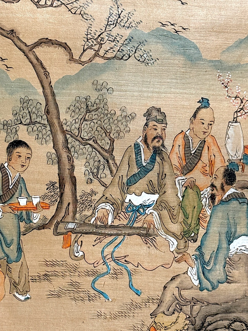 Antique Chinese Original Framed Painting on Silk Portraying a Group of Scholars Under the Cherry Blossom Trees