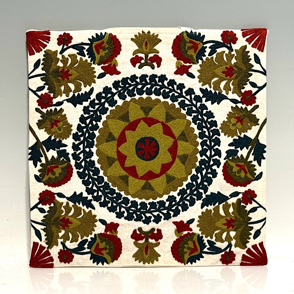 Exquisite Arts & Crafts Crewel Work Embroidered Green & Burgundy Red Floral Pillow Cover on White Linen