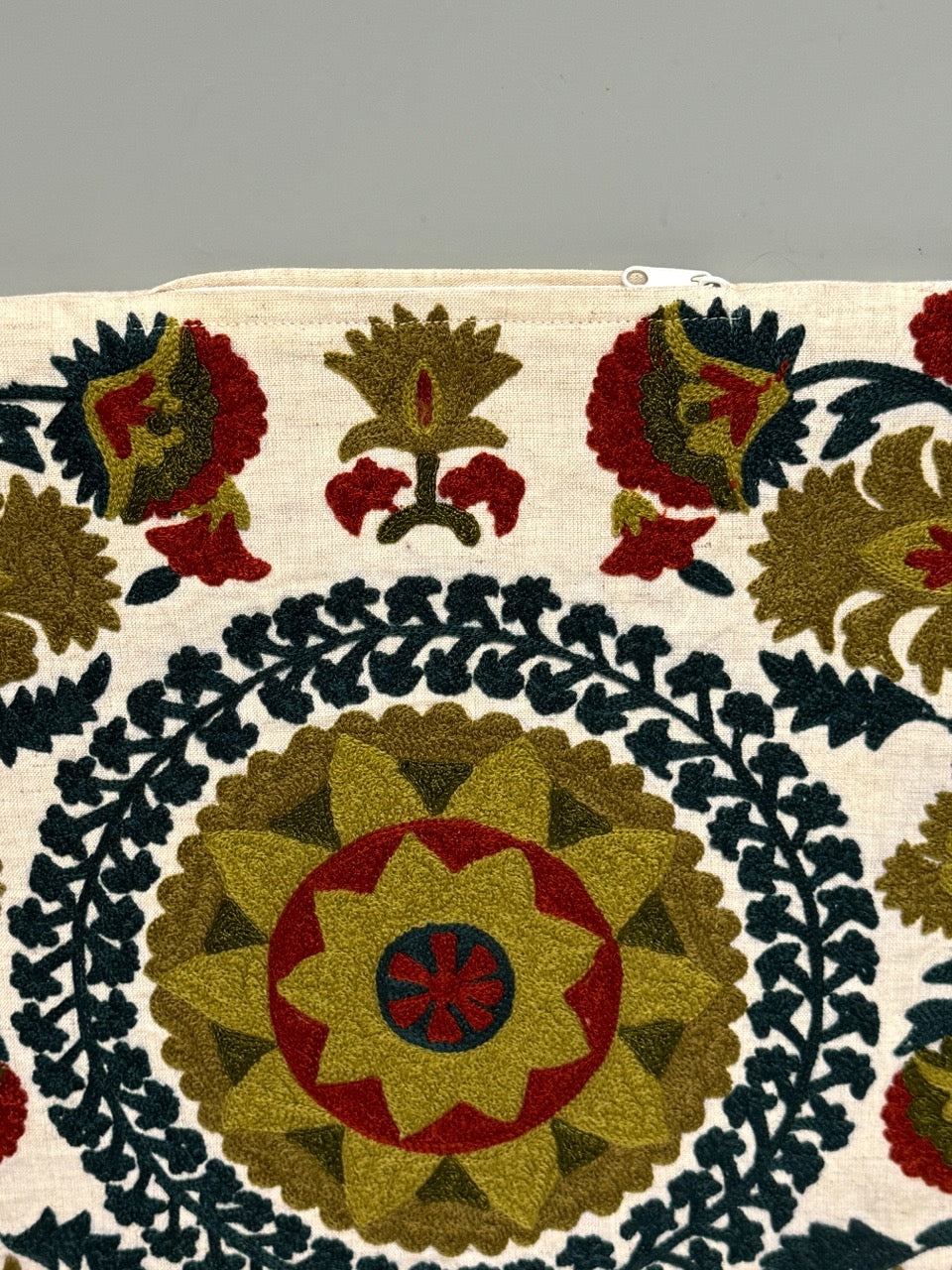 Exquisite Arts & Crafts Crewel Work Embroidered Green & Burgundy Red Floral Pillow Cover on White Linen