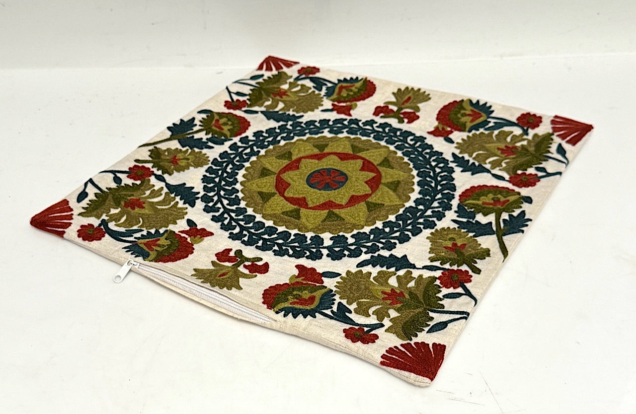 Exquisite Arts & Crafts Crewel Work Embroidered Green & Burgundy Red Floral Pillow Cover on White Linen