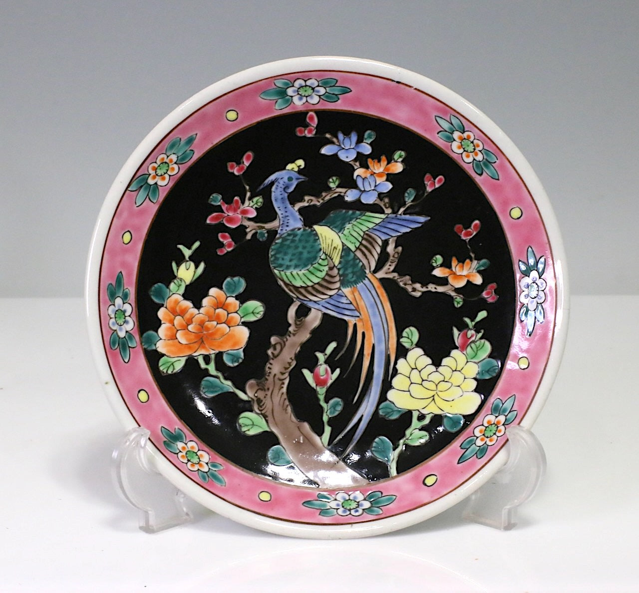 1920's Japanese Taisho Era Peranakan Style Decorative Plate with Exotic Bird and Flowers