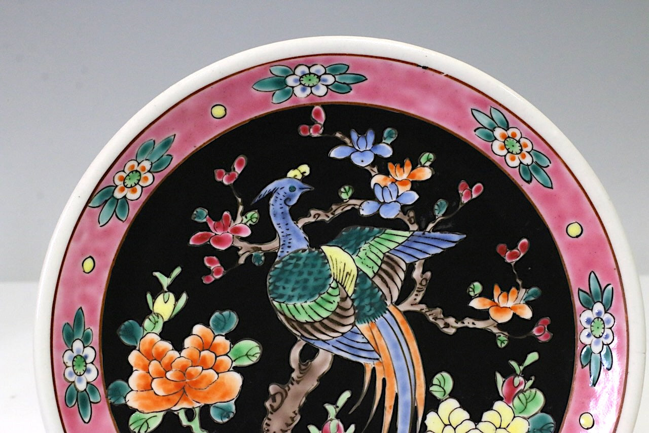 1920's Japanese Taisho Era Peranakan Style Decorative Plate with Exotic Bird and Flowers