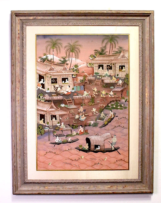 20th C. Thai School Original Gouache Village Scene Manner of Ancient Manuscript Illustrations